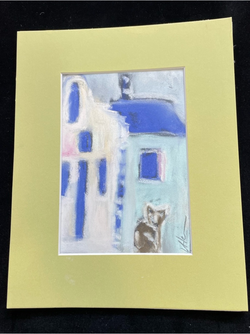 Greek Church With Cat An Original Pastel Painting Matted 5"x7" Original Handmade